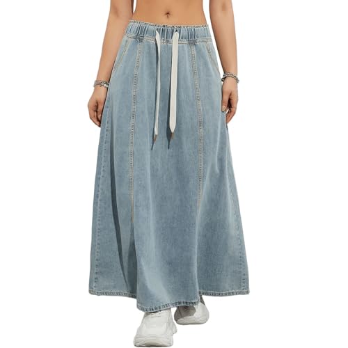 Women's Plus Size Vintage Washed Denim Maxi Skirt High Waist Elastic Drawstring Loose Flared for Summer Trendy