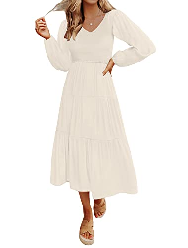 MEROKEETY Women's Long Sleeve Smocked Fall Dress A Line Tiered Midi Maxi Dress with Pockets,Beige,S