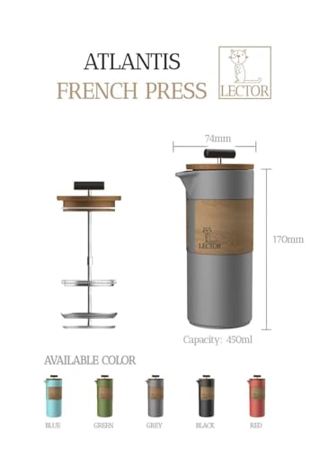 Image of LECTOR Atlantis French Press Coffee Maker | 450ml Capacity | Premium Ceramic Body with Natural Wood Sleeve & Lid | Manual Brewer for Coffee & Tea | Strong Ceramic Build, Superior Filtration (Grey)