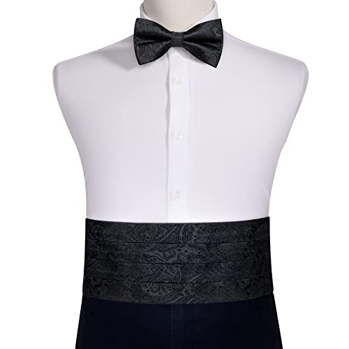 Image of Barry.Wang Men Silk Paisley Cummerbund and Pre-tied Bowtie Handkerchief Cufflink Set for Tuxedo
