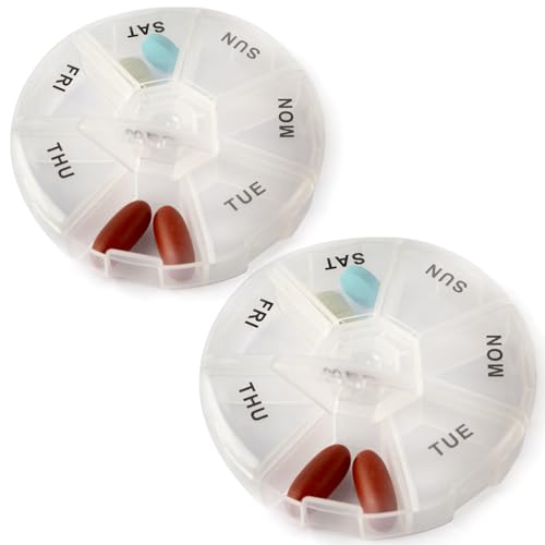 Deke Home - Round Portable Pill Box (2 Pack) Medicine Planner Small 7 Day Weekly Travel Container Medication Vitamin Holder Pillbox Organizer Pill Dispenser Daily Sorter & Reminder BPA Free