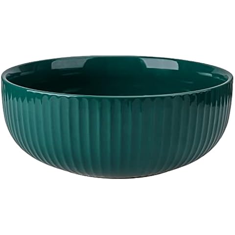 Extra Large Salad Bowl, 2800ml Ceramic Fruit Bowl, Stylish Dark Green Bowl Round Vertical Stripe, Soup Bowl, Serving Bowl for Salad, Fruit, Noodle, Soup(23.5x8.8cm, 95.5oz) Cover