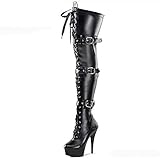 [トブイシューズ] 厚底 サイハイブーツ ニーハイブーツ ロングブーツ レディース エナメル黒 ブラック ピンヒール ハイストーム サイドジッパー付き ひざ上丈 コスプレ ポールダンス セクシー 衣装 26.0cm 超ハイヒール ピンヒール