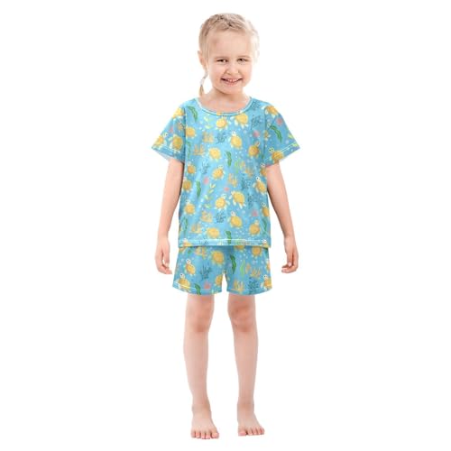 Vdsrup Cute Little Turtle Summer Pajamas Set Short Cotton Yellow Shells Sleepwear 2 Piece Unisex 5Y2