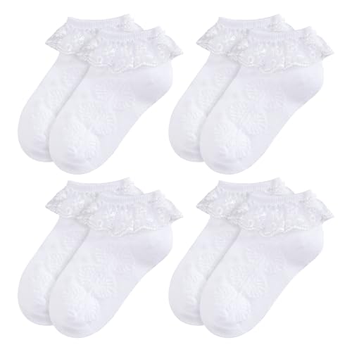 Baby-Girls Socks Eyelet Ruffle Frilly Lace Socks 4 Pair Dress Sock for Newborn Infant Toddler Little Girls