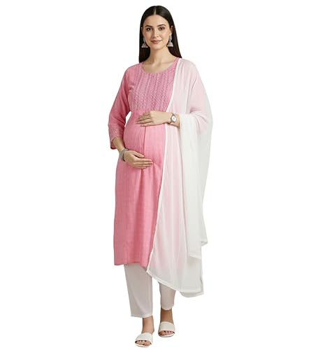 Image of DUMMY SHAPE Feeding Dresses for Women Full Set | Cotton Blend Floral Embroidered Kurta Pant Dupatta Suit with Nursing Zippers to Pre & Post Pregnancy | Gift for Pregnant Woman