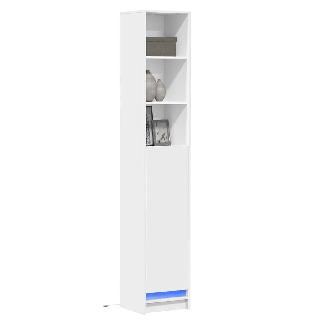 Credenza moderna con luci LED RGB in legno multistrato bianco 36x32,5x200 cm con ampio spazio portaoggetti e funzione espositiva per soggiorno, cucina e ingresso