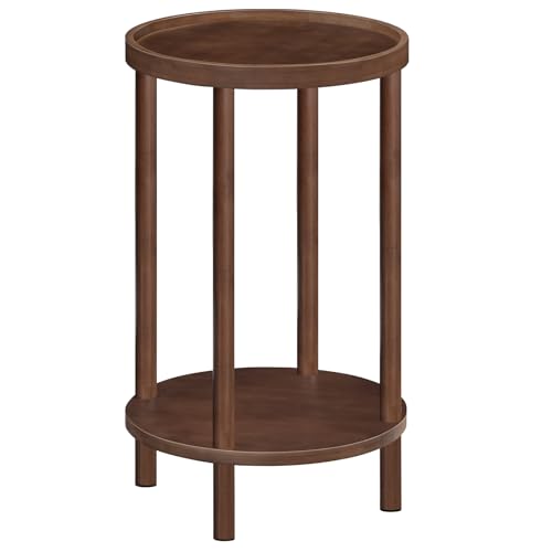 HOOBRO Beistelltisch rund aus Bambus, Nachttisch mit erhöhtem Rand, Sofatisch modern, für kleine Räume, Wohnzimmer, Schlafzimmer, Flur, Eingangsbereich, Dunkelrotbraun EMA156BZ01