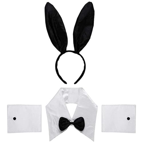 Acan Tradineur - Conjunto de 3 peças de disfarce de coelhinha - cor preto e branco, complemento para carnaval, halloween e celebrações. - Tamanho das orelhas: 30 x 26 x 2 cm