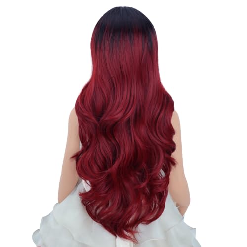 Image of Black Ombre Red Wig for Kids Long Black Mixed Wine Red Middle Part Wig for Child Long Wavy Curly Wigs for Girls Heat Resistant Synthetic Wigs with Cap