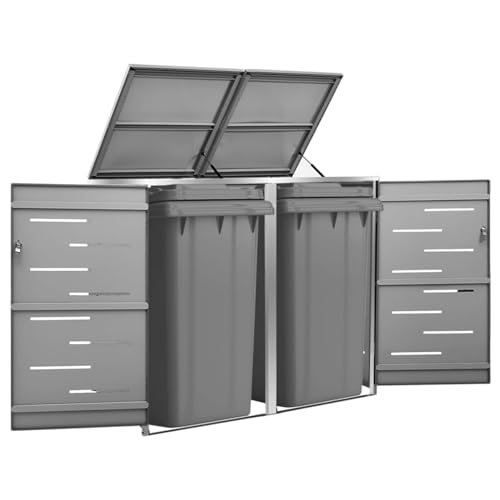 BaraSh Double Wheelie Bin Shed 138x77.5x115.5 cm Stainless Steel,Garden Wheelie Bin Hideaway Waste Bin,Storage Shed w/Locking Doors Assisted lift up Lid easy use Outdoor Hygienic Dustbin Unit Cover St