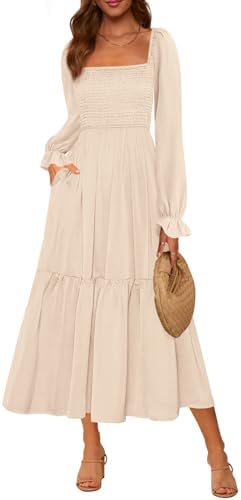 MASCOMODA Womens 2025 Fall Long Sleeve Casual Midi Dress Smocked Square Neck High Waist Flowy A Line Wedding Guest Dresses