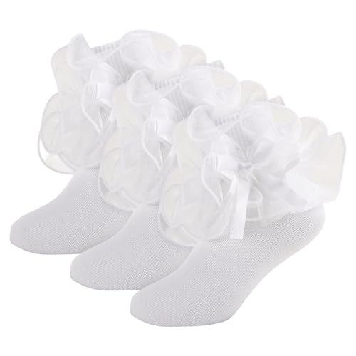 Ruffle Socks for Girls Toddler Girl Turn Cuff Double Lace Frilly Socks with Bow Ruffles Fancy Sock Little Kids