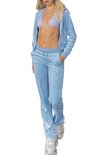 Minetom Femmes Velours Ensemble Survêtement Manche Longue Fermeture Éclair Veste Blouson Sweat à Capuche Jogging Pantalon Sports Suits 2pcs Bleu M