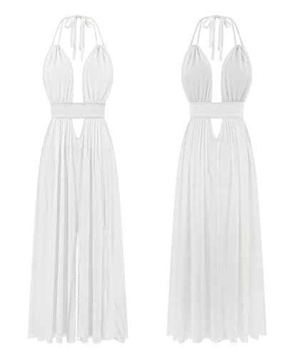 Image of R.Vivimos Boho Maxi Dresses for Women 2026 Summer Sleeveless Halter Elastic Waist Sexy Backless Front Slit Flowy Long Dresses