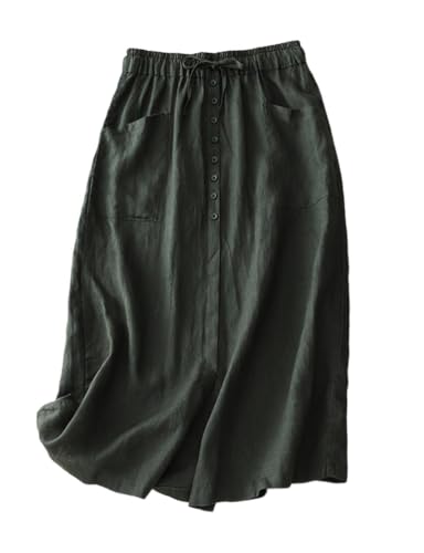 Kinghua Linen Skirts for Women 2025 Spring Summer Beach Casual A Line Elastic High Waisted Flowy Midi Long Skirt with Pockets