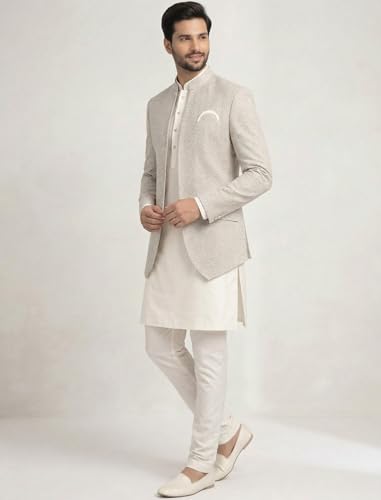 Image of Amzira Men's Jacquard Koti Kurta Set | Mandarin Collar | Full Sleeves Ethnic Wear | Festive & Wedding Traditional Outfit for Men