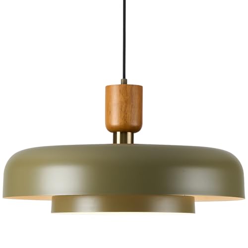 Mid Century Chandelier 19.68 inch, Natural Wood and Brass Accent,2 Layered Deep Green Shade,Large Pendant Ceiling Lights for Dining Room, Kitchen,Living Room