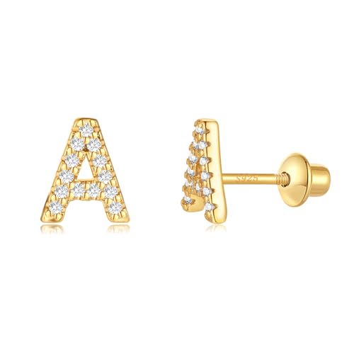 Initial Stud Earrings for girls, Sterling Silver Post Screw Backs Earrings 14K Gold Plated CZ Simulated Diamond Hypoallergenic Alphabet Letter Initial Earrings for Women Girls Jewelry Gifts