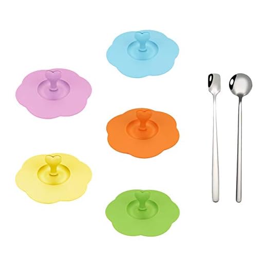 Food Grade Silicone Cup Lids Mug Covers [5 Set] Heat Resistant Seal Airtight Makaron Multicolor with 2-Pack Stainless Steel Mixing Spoon Coffee/Ice Tea Stirrers Dessert Spoons
