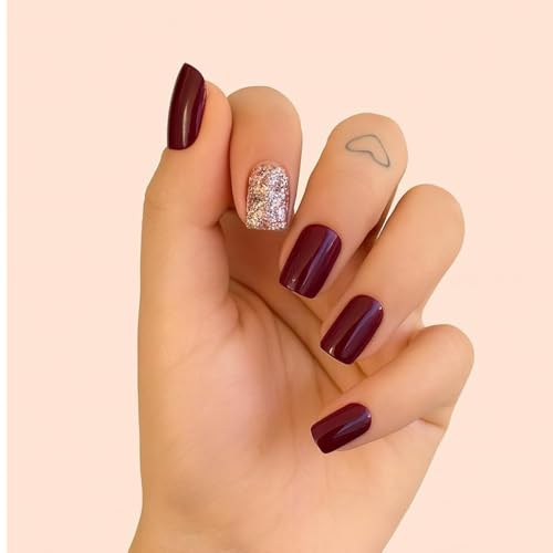 Image of 24 Pcs Reusable Artificial Nails Fake Nails with Glue and Kit| Merlot Spark Topcoat gold Press On Nails | ABS Material UV Protected Long Lasting Finish | Reusable Customizable Nail Kit |Short Square Nails