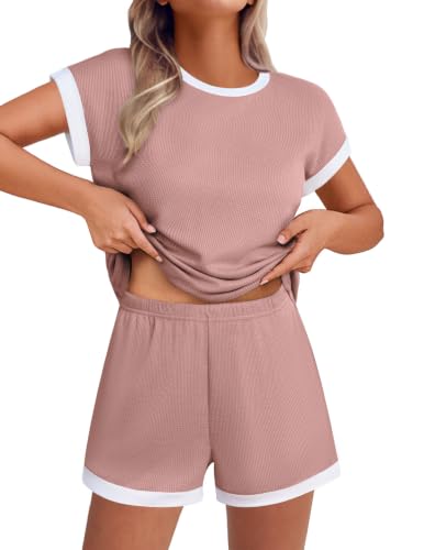 Image of Ekouaer Two Piece Sets for Women Summer Striped Lounge Set Vacation Outfit | Casual Cute Waffle Knit Tops Shorts Sets with Pocket for Travel, Jogging, Cruise, Beach, Airport