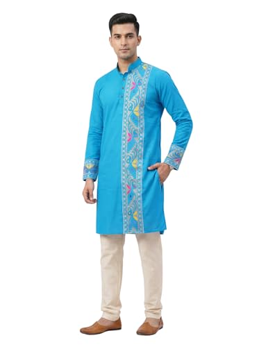 Image of Men's Jamdani Printed Kurta Pajama Set | Pure Cotton Ethnic Kurta with Mandarin Collar & Dupion Silk Pyjama | Festive & Weddings 303A12A 303SB12B(M XXL)