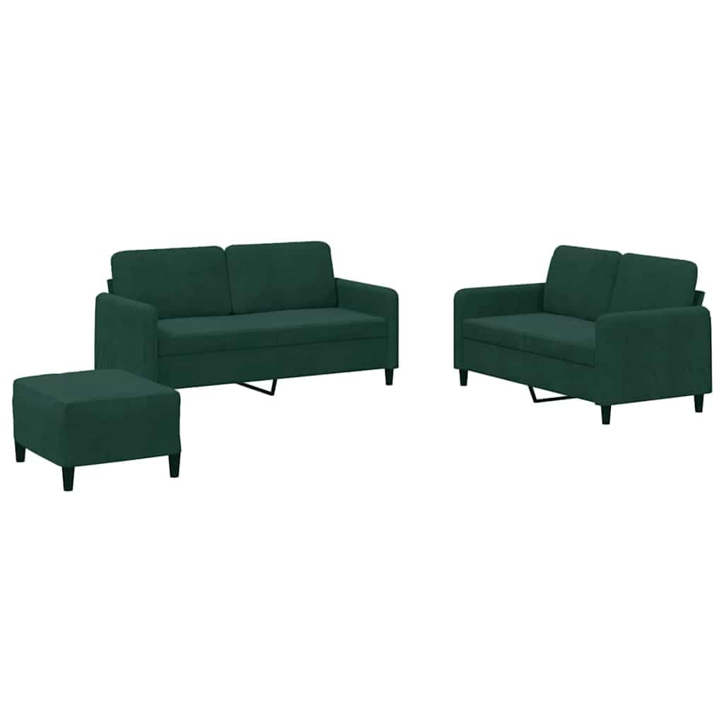Juego de sofá de terciopelo verde oscuro, 2 sofás de 2 plazas con reposapiés, sofá tapizado para salón, diseño moderno, cómodo sofá de terciopelo para el hogar