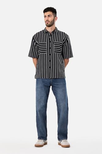 Image of SNITCH Men Casual Plus Size Shirt | Regular Fit Full Sleeve Mandarin Collar Striped Design | Premium Cotton Linen Blend & Breathable Fabric for Office & Everyday Wear