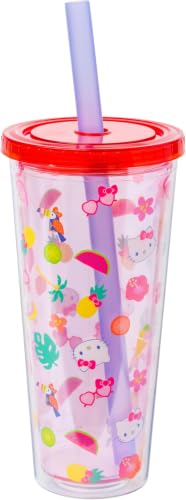 Image of Silver Buffalo Sanrio Hello Kitty Tropical Summer Plastic Boba Tumbler with Lid and Wide Straw, 24 Ounces (Pack of 12)