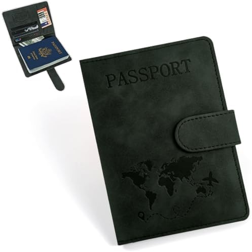 Funda Pasaporte Portadocumentos Viaje, Porta Pasaportes para Viaje con Bloqueo RFID, Cuero de PU Porta Documentos Accesorios de Viaje para Mujeres Hombres, Pasaporte, Tarjeta de Crédito(Negro)
