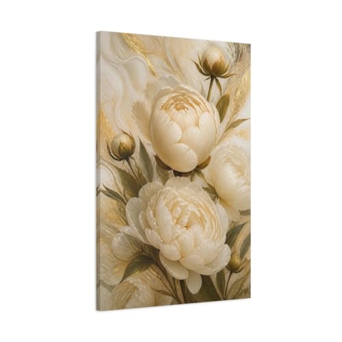 Tableau sur toile pivoines blanches et dorées fini premium pour grand séjour