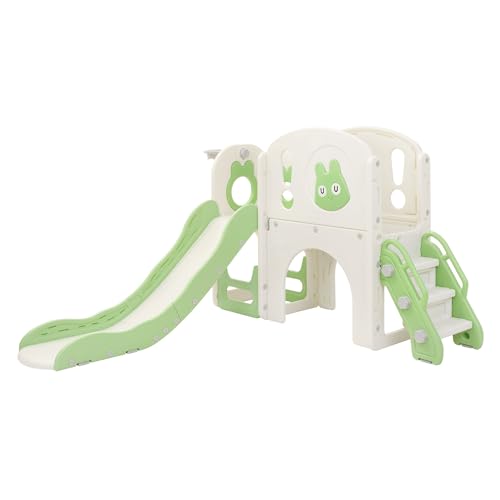 Joyz Tobogán Infantil 5 en 1 con Escaleras de Trepa, Canasta de Baloncesto Telescópica y Túnel, Torre de Juegos, Parque para Exterior/Interior, Verde Claro, para Niños a Partir de 3 Años