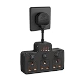 Multi Plug Extension with Flexible Plug, 3 Way 3 USB Plug Adaptor, Individual Switched Socket Extension Adapter, Short Extension Lead Power Strip for Bedroom, Office, Kitchen (Black)