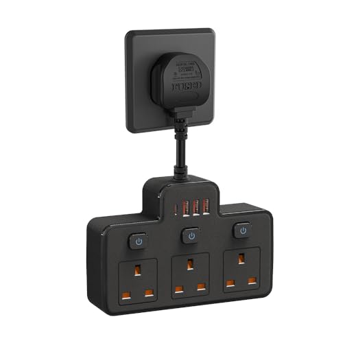 Multi Plug Extension with Flexible Plug, 3 Way 3 USB Plug Adaptor, Individual Switched Socket Extension Adapter, Short Extension Lead Power Strip for Bedroom, Office, Kitchen (Black)