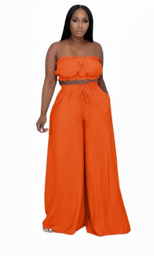 Image of Two Piece Sets for Women Summer Outfits Crop Tops and Wide Leg Pants Sets Sexy Jumpsuits Vacation Outfits with Pockets