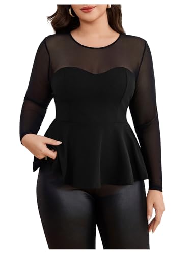 MakeMeChic Women's Plus Size Tops Mesh Sheer Peplum Ruffle Hem Leopard Long Sleeve Slim Fitted Elegant Tee Shirt Fall Fashion3