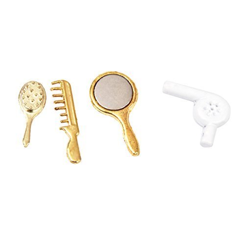 Preisvergleich Produktbild Soccik Puppenhaus Haartrockner Spiegel Bürste Kamm Miniatur Schlafzimmer Friseur Zubehör Haartrockner Lockenstab Pinsel 4 Stück