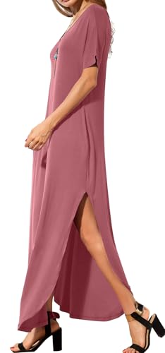Image of GRECERELLE Women's Summer Maxi Dress Casual Loose V Neck Short Sleeve Side Split Long Dresses with Functional Pockets