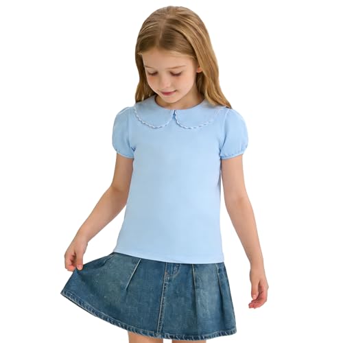 Image of 12M-14Y Toddler Baby Girls Peter Pan Collar Blouse Kids Girl Solid Color Puff Sleeve T-Shirts Casual Tee Tops
