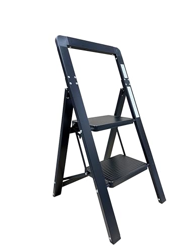 Escalera Plegable de Metal Domestica, Taburete Plegable peldaño Extra Ancho y con Apoyabrazos Carga hasta 150 KG, (2p Negro)