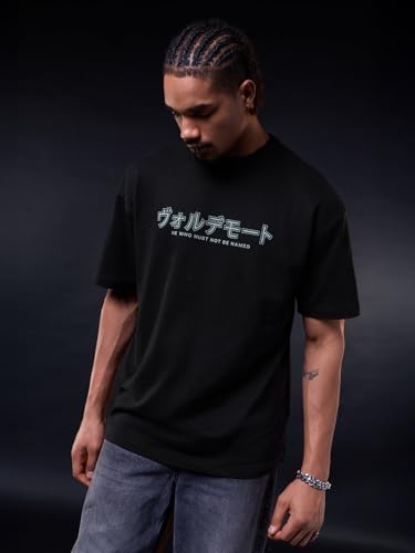 Image of The Souled Store Harry Potter: Dark Lord Men and Boys Short Sleeves Round Neck Black Graphic Printed Lightweight Drop Shoulder Streetwear Trendy Oversized T-Shirt