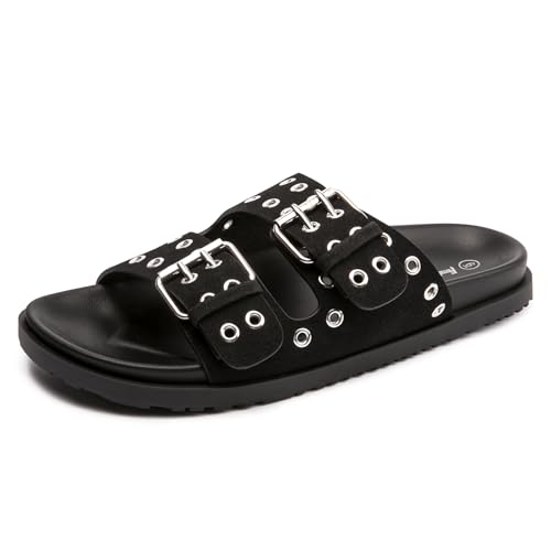 FUNKYMONKEY Women's Eyelets Adjustable Double Strap Slides Slip On Comfort Flat Sandals for Summer2