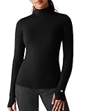 Long Sleeve Workout Top Mock Neck Thumb Holes(Black,M)