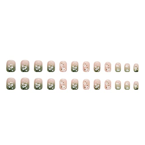 24 Pcs Press on Nails Short False Nails Green False Nails White Flower Fake Nail Glossy Fake Nails Full Cover Nails Art for Women and Girls Daily Decoration - Image 4