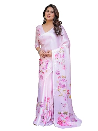 Image of ALMAARI FASHION Women's Floral Printed Georgette Satin Saree with Unstitched Blouse Piece | Traditional Ethnic Wear Sarees | Soft Lightweight Ethnic Office Wear Daily Wear Indian Sari (SG 181-190 F)