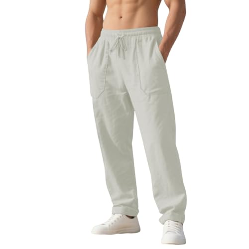 DuDubaby Pantalones De Hombre Mens Casual Linen Pants Loose Fit Elastic Drawstring Waist Straight Leg Yoga Beach Long Travel