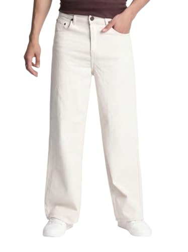 Image of Men Baggy Jeans Beige Loose Fit Cotton Blend Denim Wide Leg Stylish Casual Wear Pant