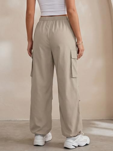 Image of GRECIILOOKS High Waist Cotton Trousers for Women - Flared Parachute Pants with Side Pockets | Casual Travel Cargo Pants