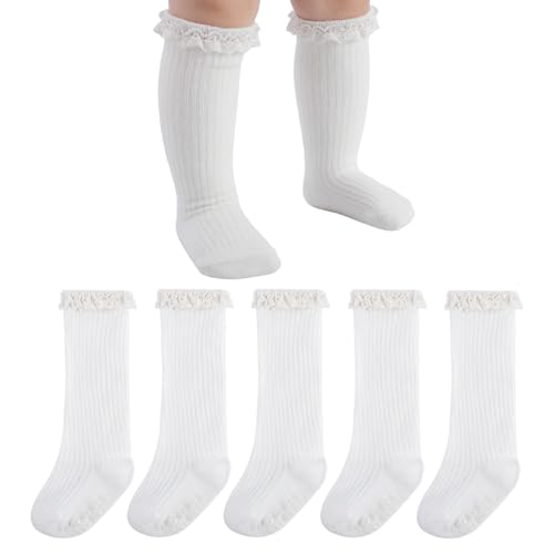 MKYSZLT White Baby Girl Knee High Socks Newborn Infant Toddler Cotton Ruffle Long Socks Non Slip Stockings Dress Sock (US, Age, 0 Months, 6 Months, all white)